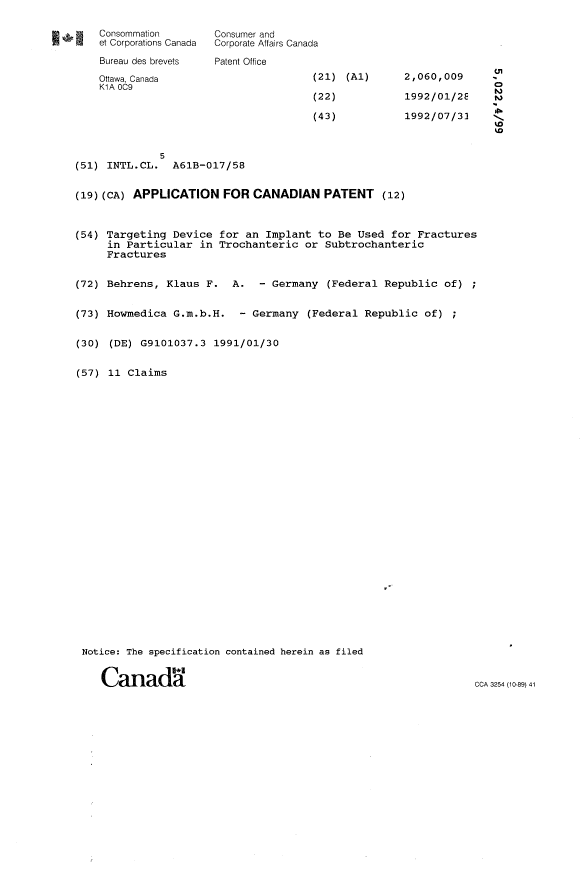Canadian Patent Document 2060009. Cover Page 19931214. Image 1 of 1