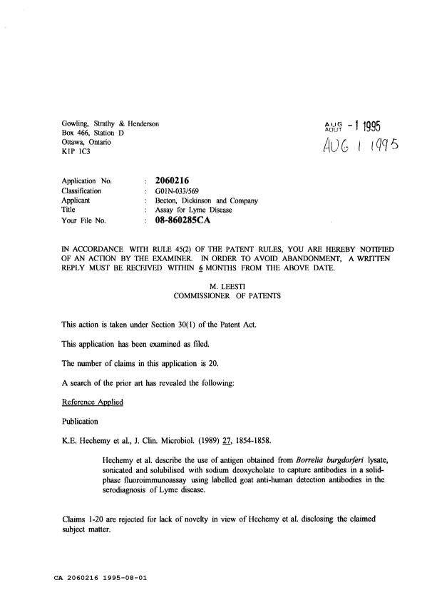 Canadian Patent Document 2060216. Prosecution Correspondence 19950801. Image 1 of 2