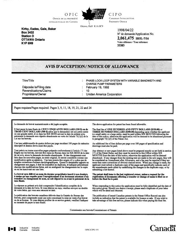 Document de brevet canadien 2061475. Correspondance 19980420. Image 1 de 1