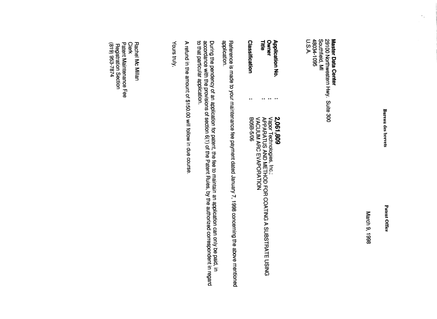 Canadian Patent Document 2061809. Correspondence 19980309. Image 1 of 1