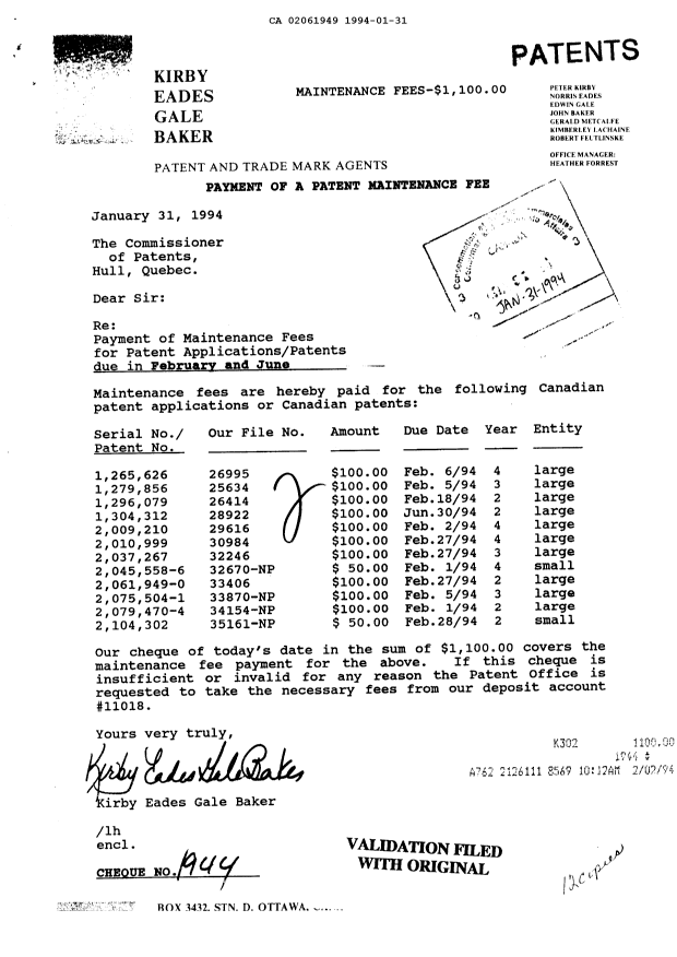 Document de brevet canadien 2061949. Taxes 19940131. Image 1 de 1