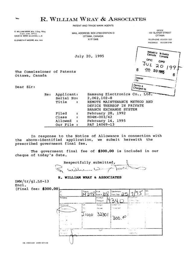 Document de brevet canadien 2062102. Correspondance reliée au PCT 19950720. Image 1 de 1