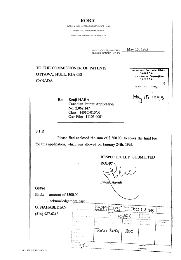 Canadian Patent Document 2062147. PCT Correspondence 19950515. Image 1 of 1