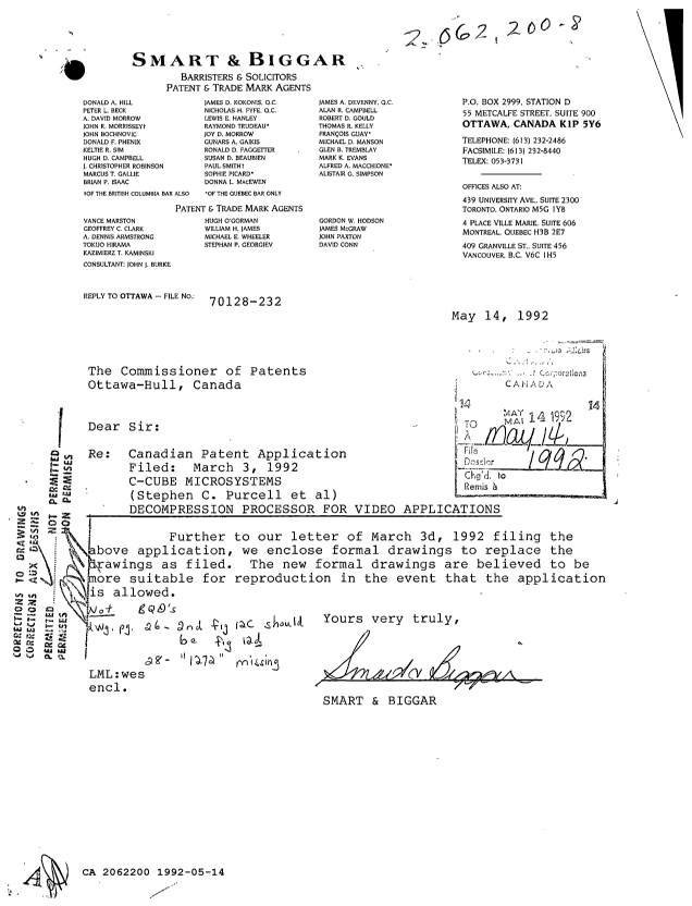 Canadian Patent Document 2062200. Prosecution Correspondence 19920514. Image 1 of 1