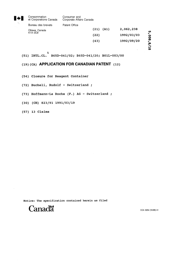 Document de brevet canadien 2062238. Page couverture 19931120. Image 1 de 1