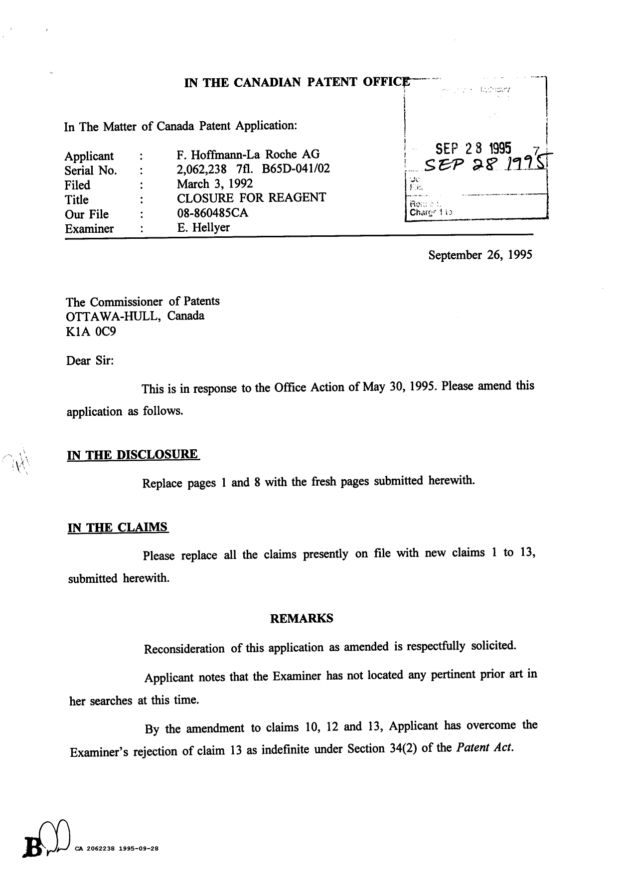 Canadian Patent Document 2062238. Prosecution-Amendment 19941228. Image 1 of 2
