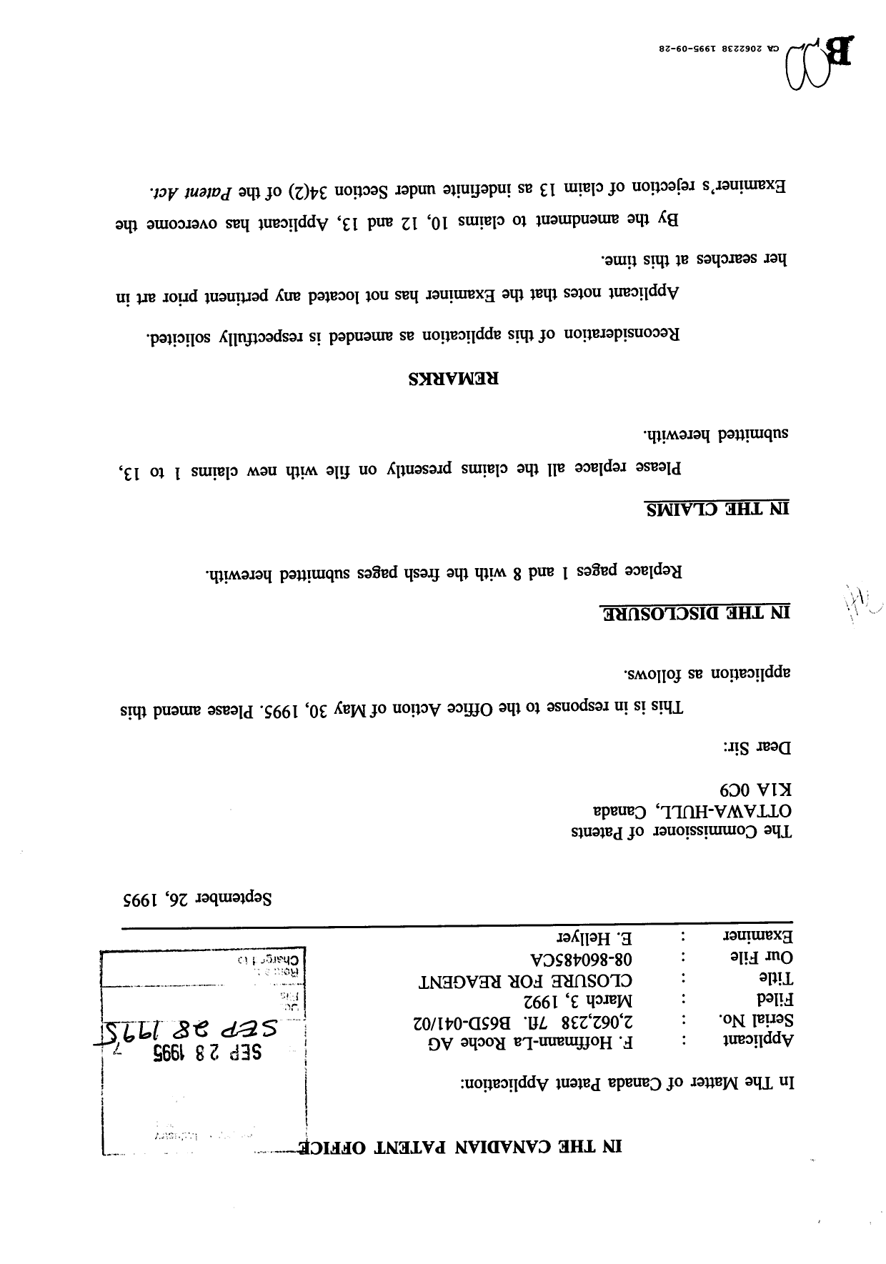 Canadian Patent Document 2062238. Prosecution-Amendment 19941228. Image 1 of 2