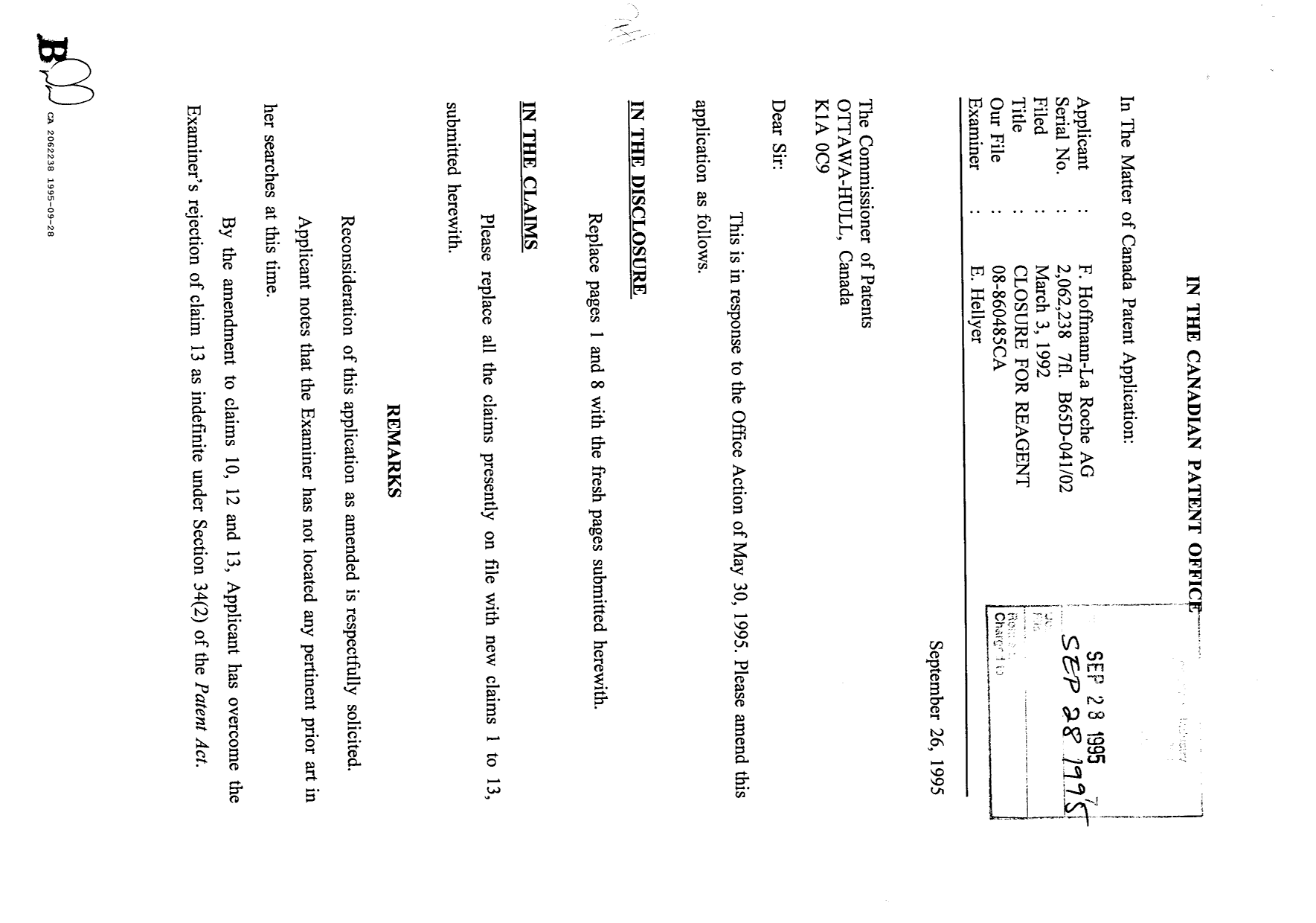 Document de brevet canadien 2062238. Poursuite-Amendment 19941228. Image 1 de 2