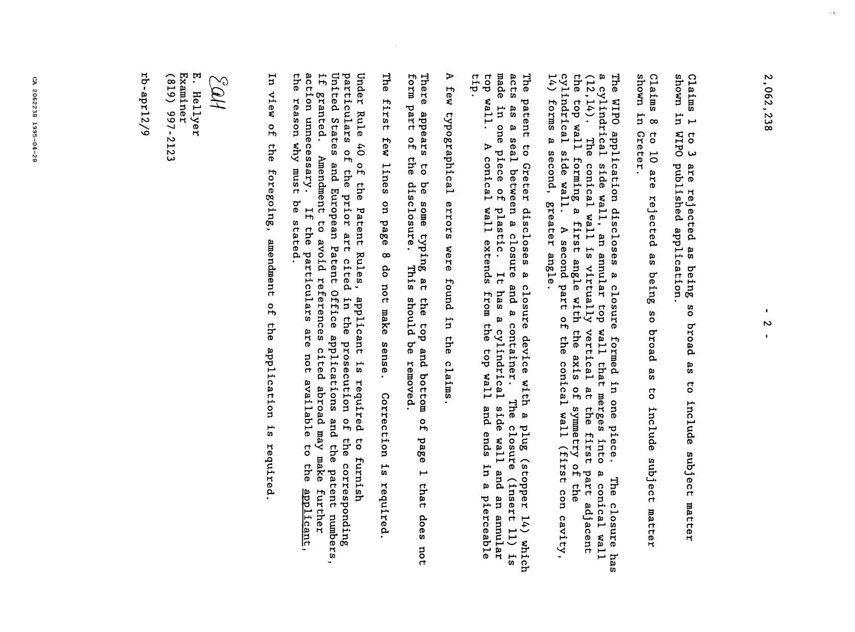 Document de brevet canadien 2062238. Poursuite-Amendment 19941228. Image 2 de 2