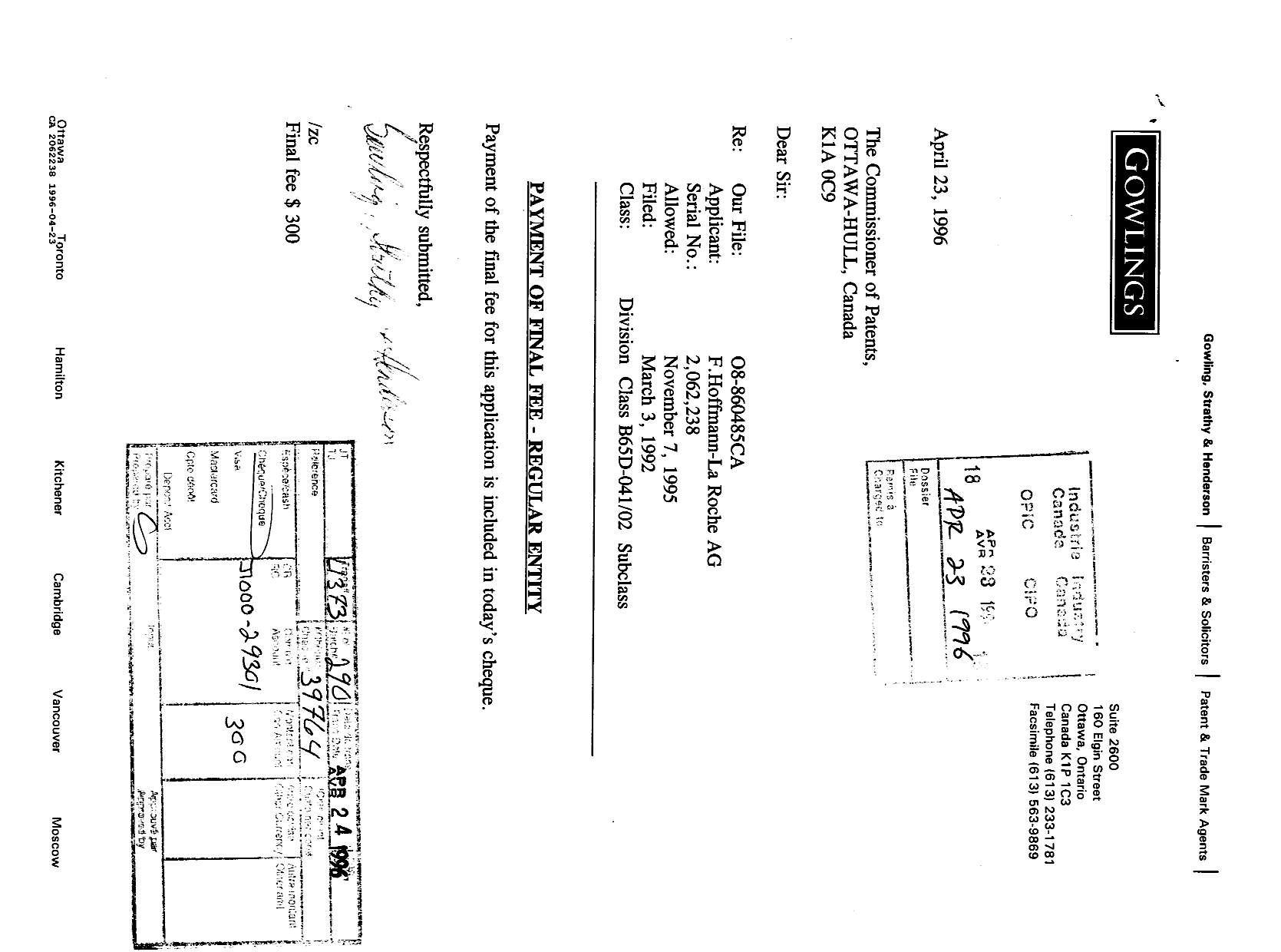 Document de brevet canadien 2062238. Correspondance 19951223. Image 1 de 1