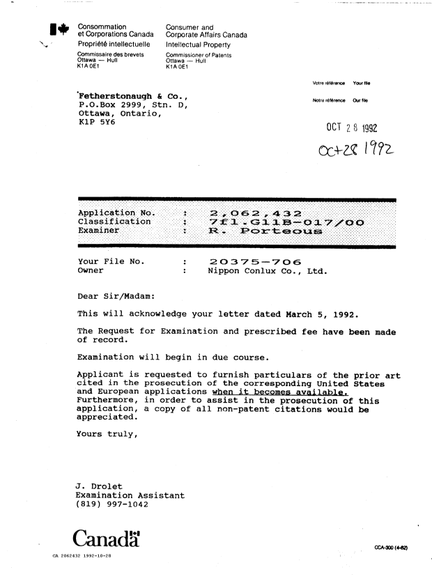 Document de brevet canadien 2062432. Lettre du bureau 19921028. Image 1 de 1