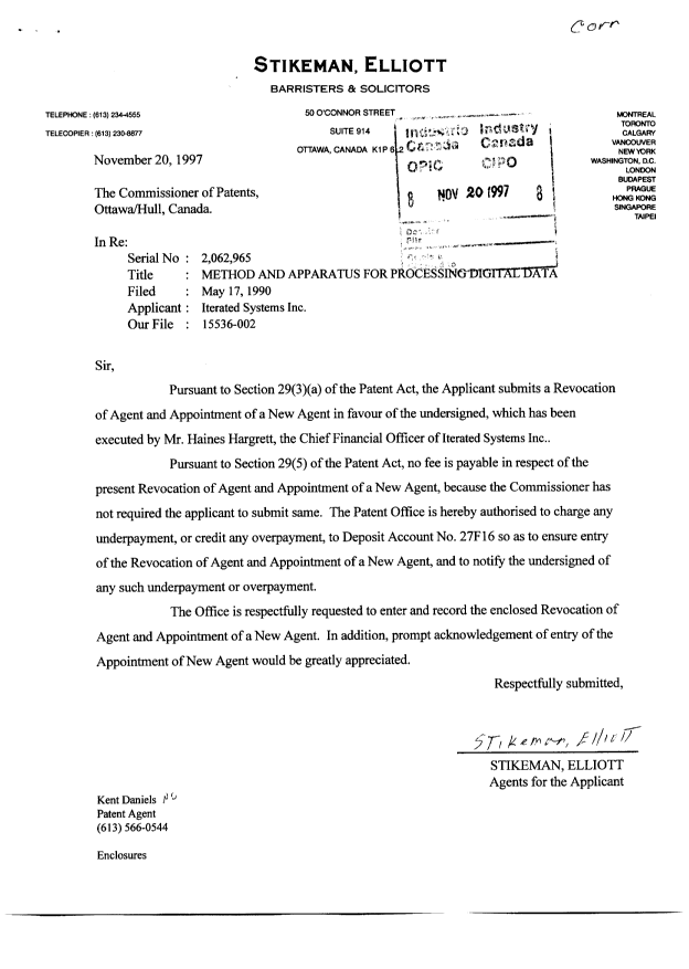 Canadian Patent Document 2062965. Correspondence 19961220. Image 1 of 2
