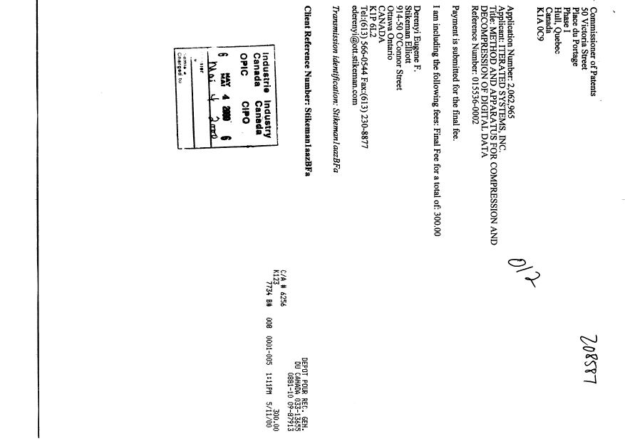 Document de brevet canadien 2062965. Correspondance 19991204. Image 1 de 2
