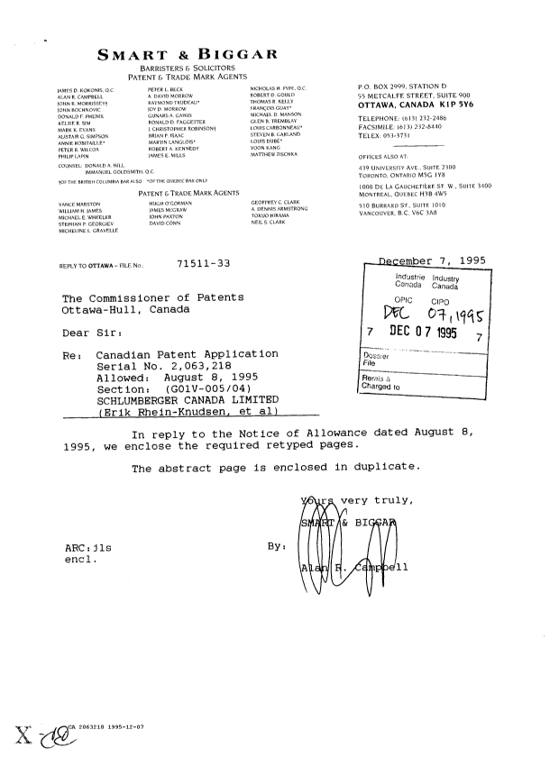 Canadian Patent Document 2063218. Prosecution Correspondence 19951207. Image 1 of 1