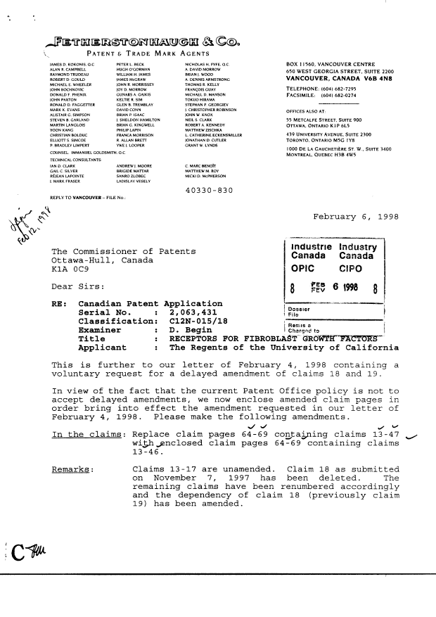 Canadian Patent Document 2063431. Prosecution-Amendment 19980206. Image 1 of 9
