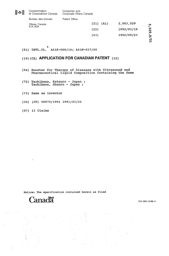 Canadian Patent Document 2063529. Cover Page 19911223. Image 1 of 1