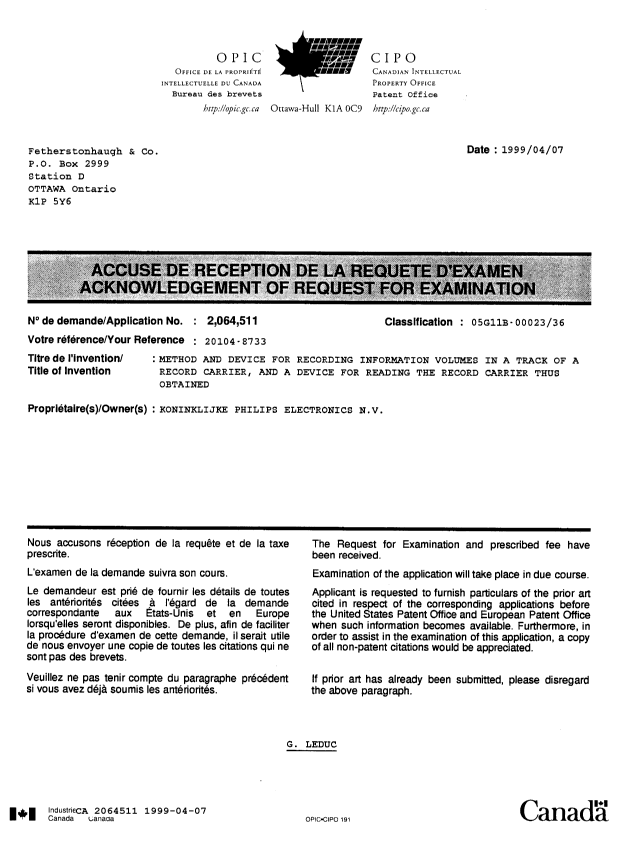 Canadian Patent Document 2064511. Correspondence 19981207. Image 1 of 1
