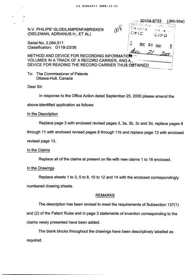 Canadian Patent Document 2064511. Prosecution-Amendment 19991221. Image 1 of 31