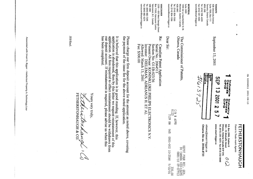 Canadian Patent Document 2064511. Correspondence 20001213. Image 1 of 1