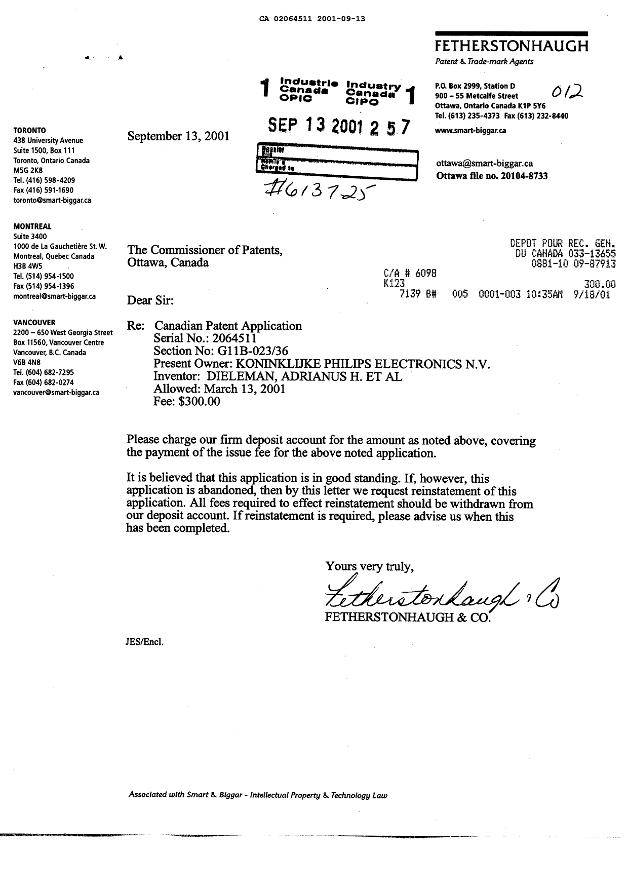 Document de brevet canadien 2064511. Correspondance 20001213. Image 1 de 1