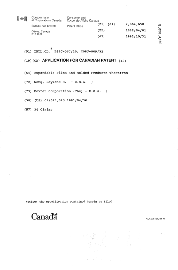 Canadian Patent Document 2064650. Cover Page 19940219. Image 1 of 1
