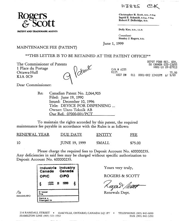 Canadian Patent Document 2064905. Fees 19990602. Image 1 of 1