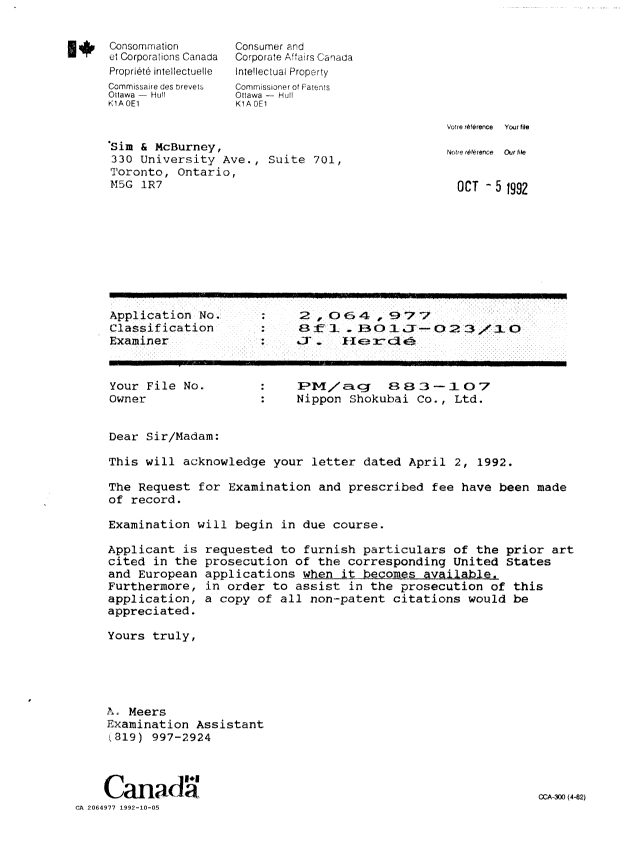 Document de brevet canadien 2064977. Lettre du bureau 19921005. Image 1 de 1