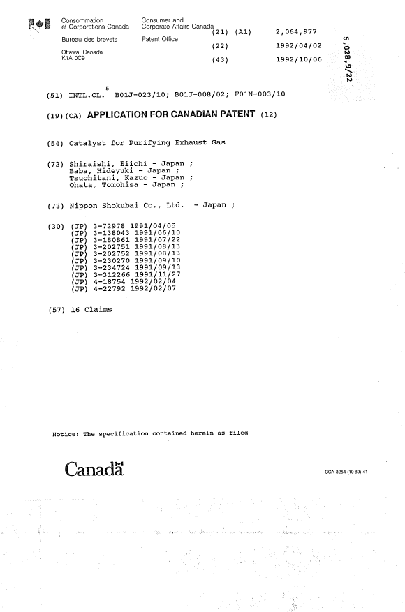 Canadian Patent Document 2064977. Cover Page 19931224. Image 1 of 1