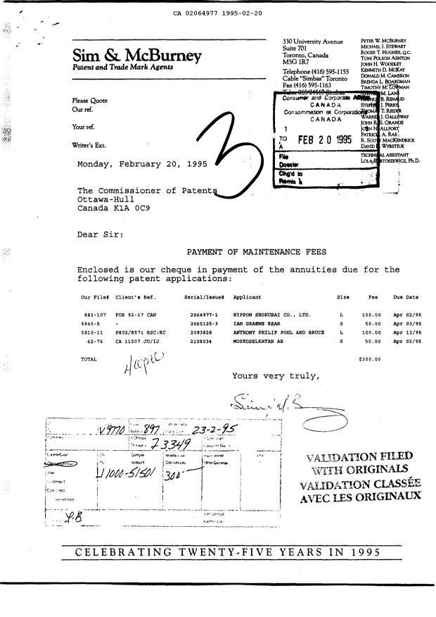 Document de brevet canadien 2064977. Taxes 19950220. Image 1 de 1