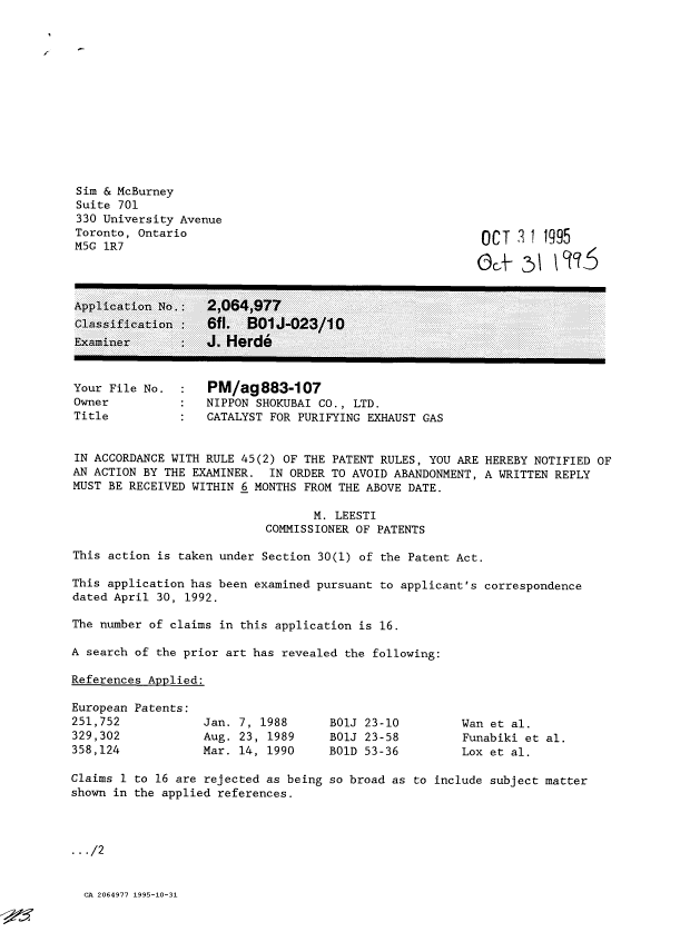 Document de brevet canadien 2064977. Demande d'examen 19951031. Image 1 de 2