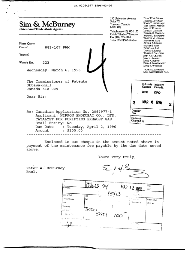 Document de brevet canadien 2064977. Taxes 19960306. Image 1 de 1