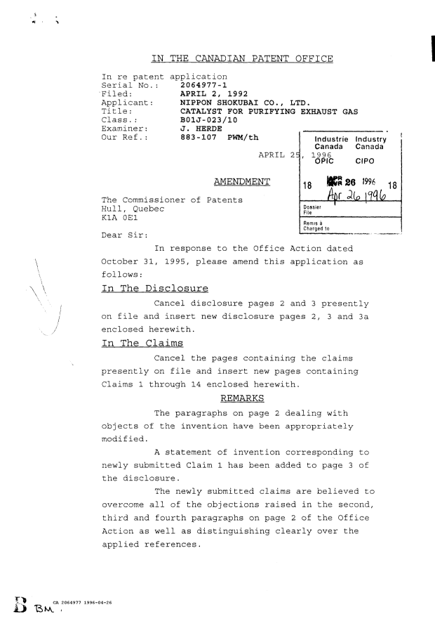 Document de brevet canadien 2064977. Correspondance de la poursuite 19960426. Image 1 de 3