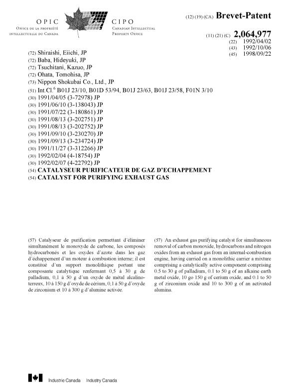 Document de brevet canadien 2064977. Page couverture 19980825. Image 1 de 1