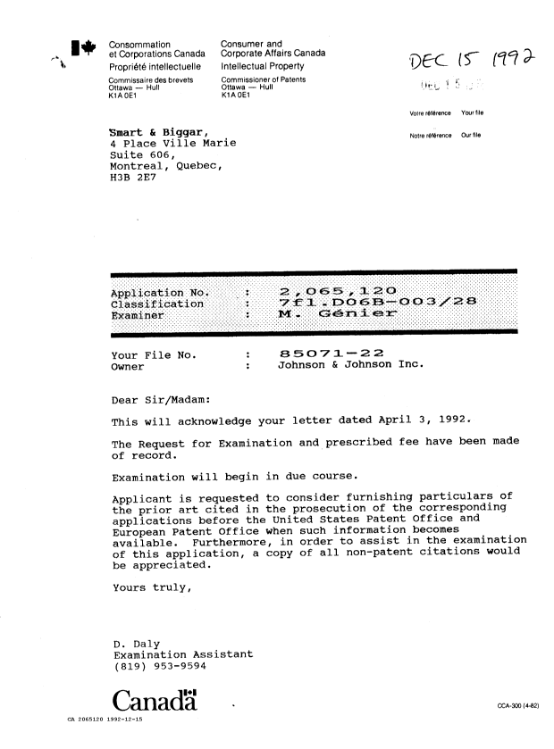 Canadian Patent Document 2065120. Correspondence 19911215. Image 1 of 1