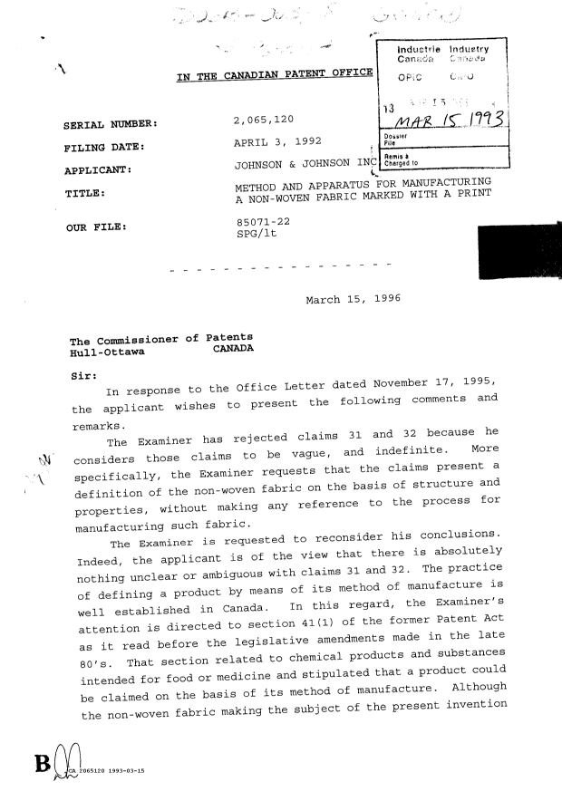 Canadian Patent Document 2065120. Prosecution-Amendment 19921215. Image 1 of 2