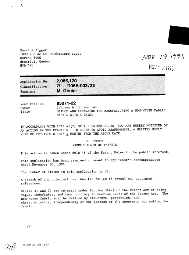 Canadian Patent Document 2065120. Prosecution-Amendment 19941217. Image 1 of 2