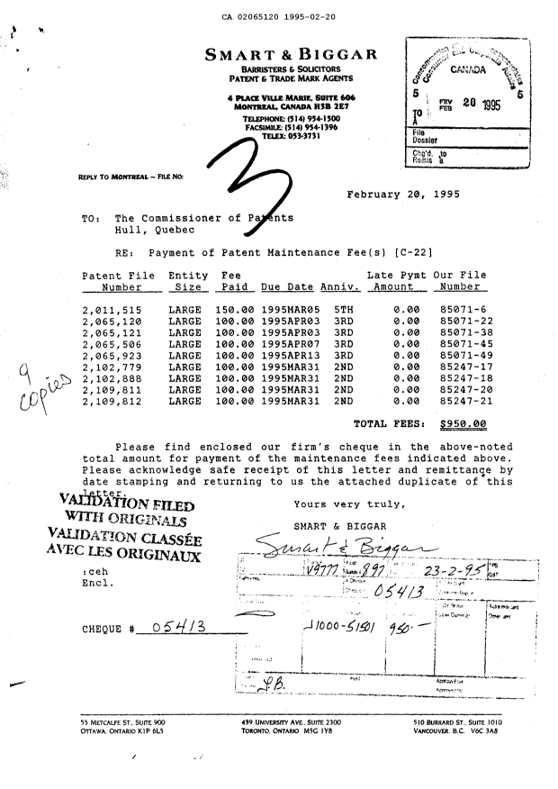 Canadian Patent Document 2065120. Fees 19941220. Image 1 of 1
