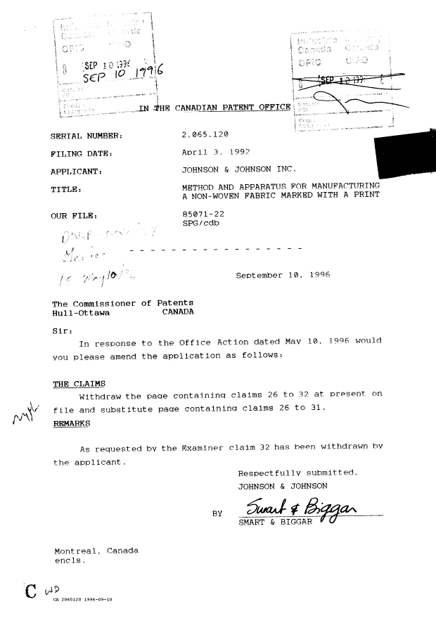Canadian Patent Document 2065120. Prosecution Correspondence 19960910. Image 1 of 1