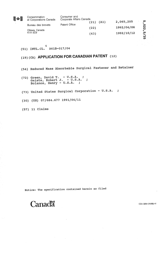Canadian Patent Document 2065205. Cover Page 19921214. Image 1 of 1