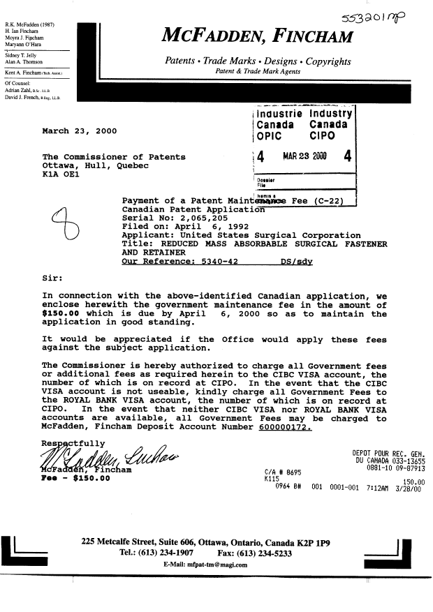 Canadian Patent Document 2065205. Fees 19991223. Image 1 of 1