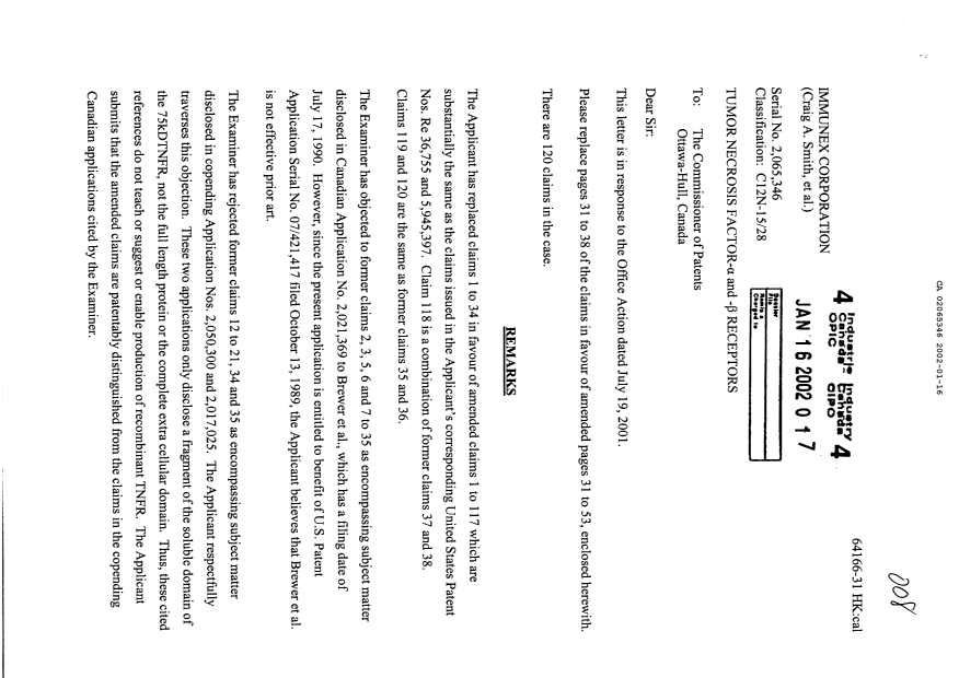 Canadian Patent Document 2065346. Prosecution-Amendment 20020116. Image 1 of 26