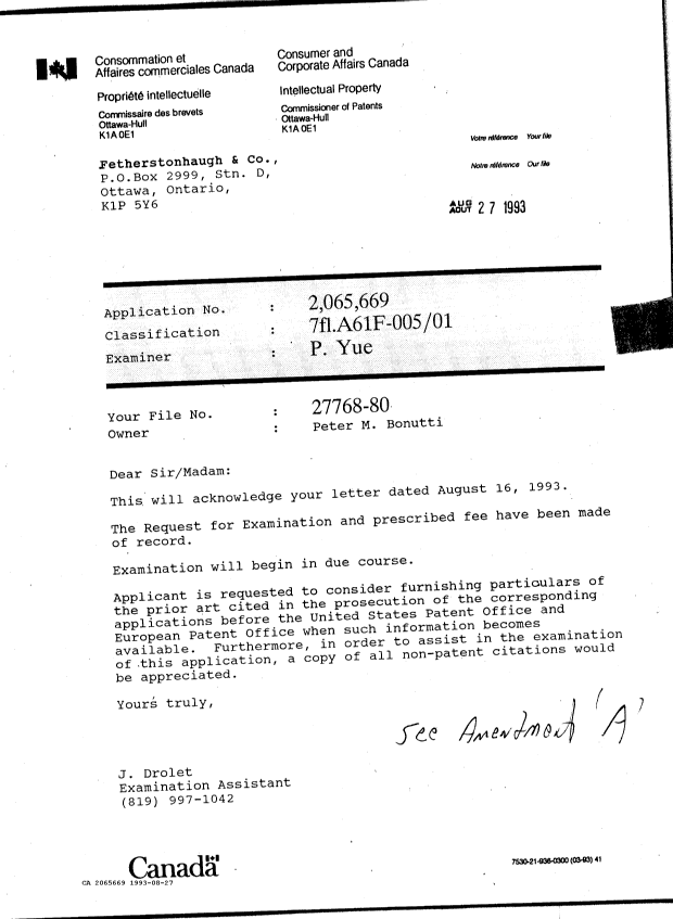 Document de brevet canadien 2065669. Lettre du bureau 19930827. Image 1 de 1