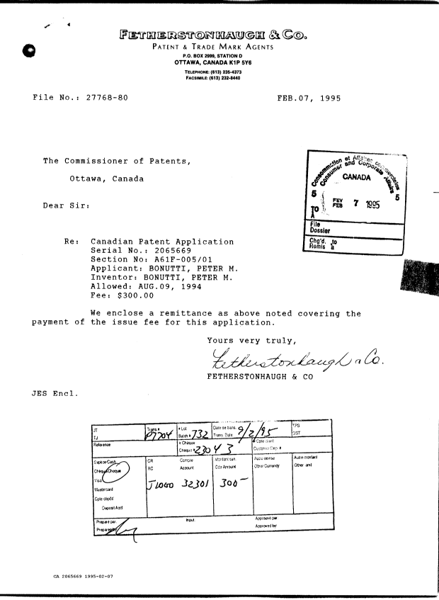 Canadian Patent Document 2065669. PCT Correspondence 19950207. Image 1 of 1