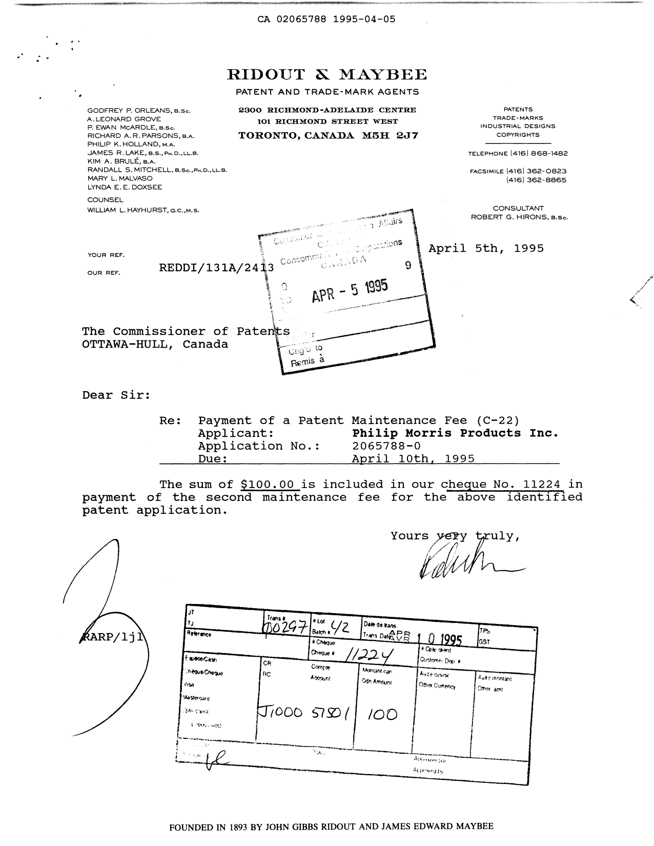 Canadian Patent Document 2065788. Fees 19941205. Image 1 of 1