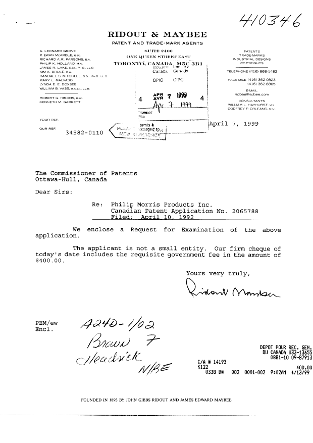 Canadian Patent Document 2065788. Prosecution-Amendment 19981207. Image 1 of 2