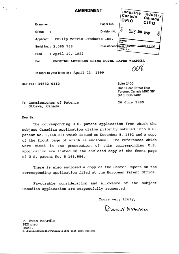 Canadian Patent Document 2065788. Prosecution-Amendment 19981226. Image 1 of 1