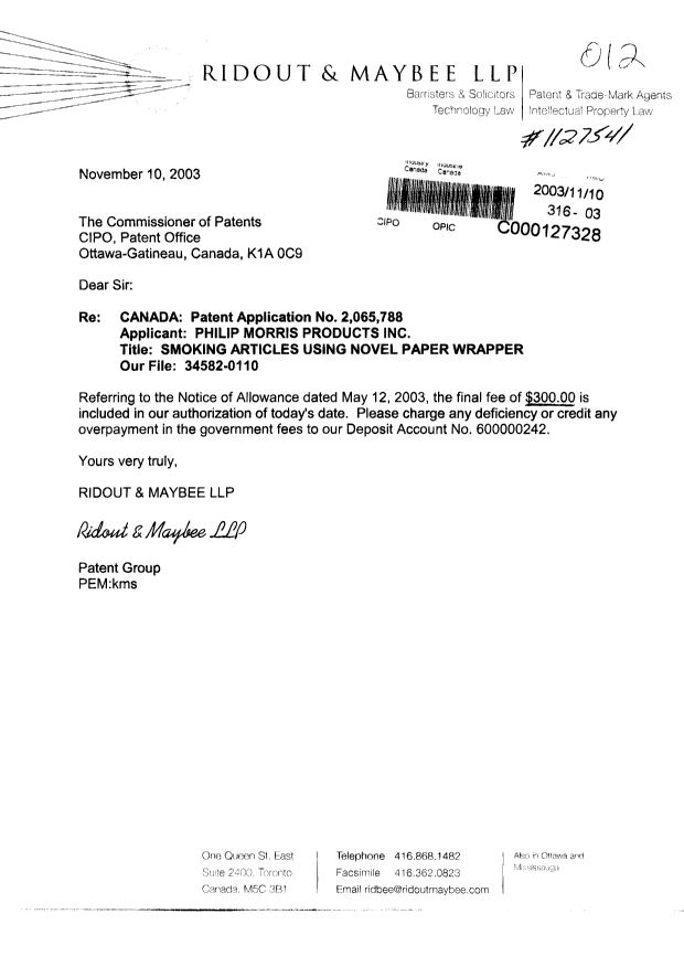 Canadian Patent Document 2065788. Correspondence 20021210. Image 1 of 1