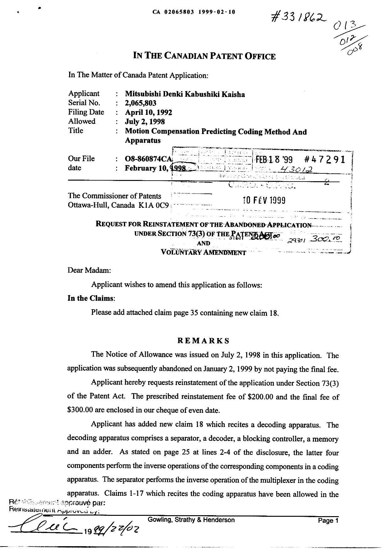 Canadian Patent Document 2065803. Prosecution-Amendment 19990210. Image 1 of 3