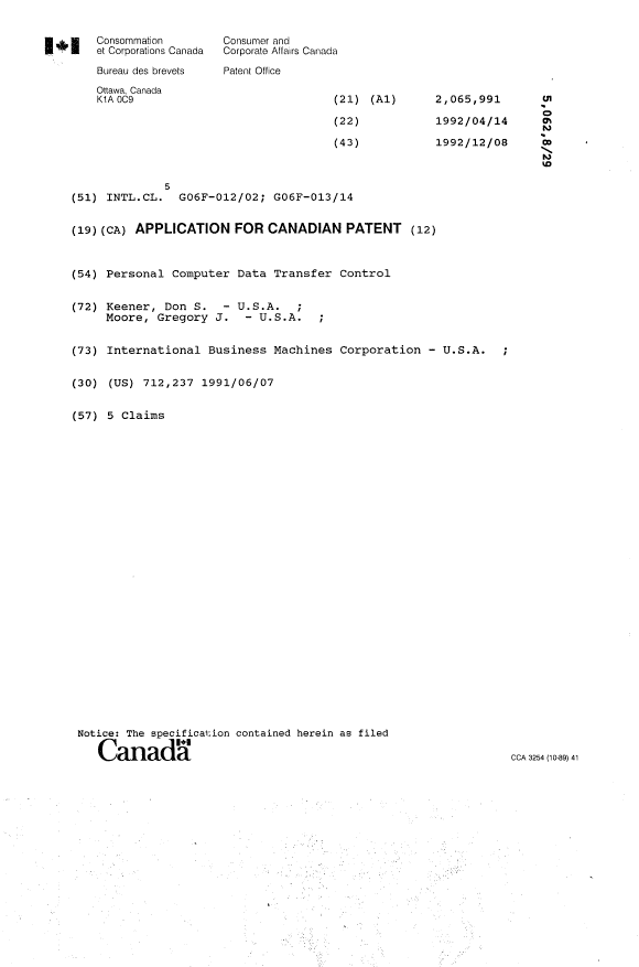 Document de brevet canadien 2065991. Page couverture 19940327. Image 1 de 1