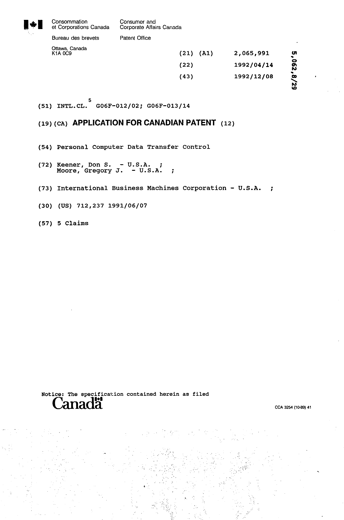 Canadian Patent Document 2065991. Cover Page 19940327. Image 1 of 1